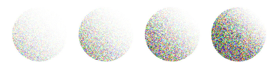 Round shaped dotted objects, vintage stipple elements. Fading gradient. Stippling, dotwork drawing, shading using dots. Colored disintegration effect. Noise grainy texture. Vector illustration