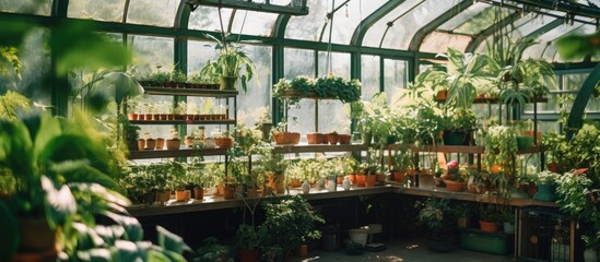 Indoor greenhouse growing tropical plants under glass roof for study or sale in flower shop. - obrazy, fototapety, plakaty