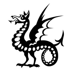 Heraldic dragon snake with wings. Symbol, sign, line, icon, silhouette, tattoo. Black. Isolated vector illustration. New Year 2024.