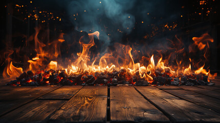 Burning embers glow on wooden planks against a twilight backdrop, casting a warm light with bokeh effects, embodying a cozy outdoor ambiance. AI Generative