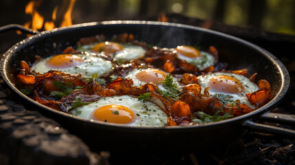 Campfire breakfast of eggs, bacon and potatoes. Fireside Breakfast Cooking
Outdoor Breakfast Delights