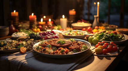 Sahur Feast at a table with healthy food. Generative ai - obrazy, fototapety, plakaty