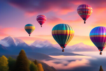 Obraz premium Colorful hot air balloons flying above mountain at sunrise sky background. Travel natural background. 