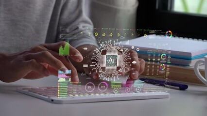 A men using Ai technology on computer keyboard  for working in new business. futuristic hologram background. - Powered by Adobe