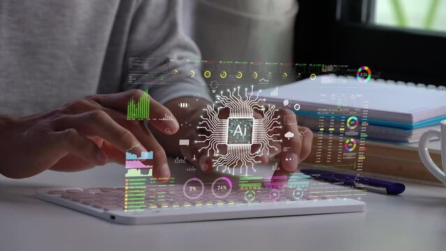 A men using Ai technology on computer keyboard  for working in new business. futuristic hologram background.