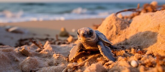 Baby loggerhead sea turtle making its way to the sea from the nest on a Brazilian beach.
