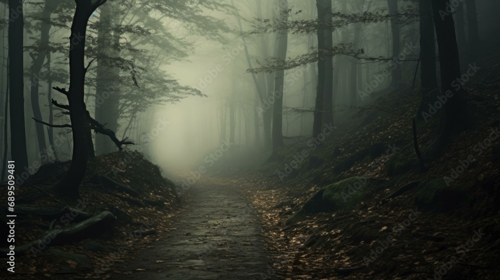 Poster a path in the woods with fog and trees. generative ai.