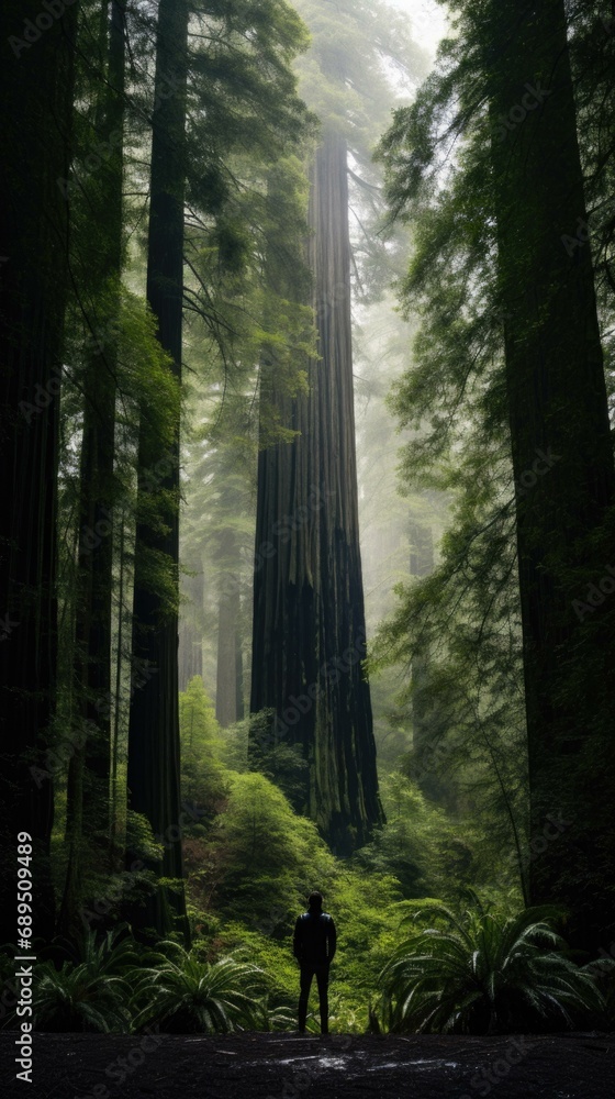Poster a man standing in front of a large tree in the forest. generative ai.