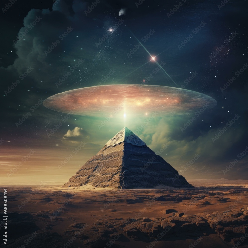 Poster an alien spaceship is flying over a pyramid. generative ai.