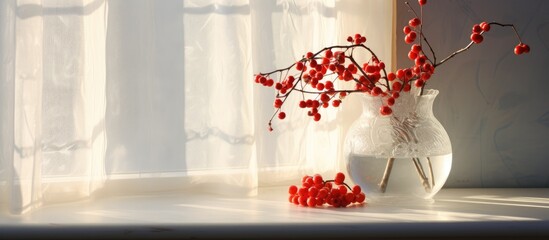 Winter window with snow-covered frozen glass and sunlight, near red berries, in a house interior.
