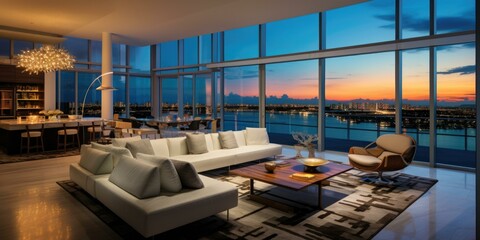 A living room with large windows overlooking the water. Generative AI.