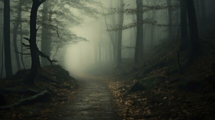 A path in the woods with fog and trees. Generative AI.