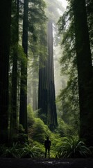 A man standing in front of a large tree in the forest. Generative AI.