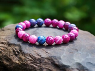 A bracelet with pink and blue beads on it. Generative AI.