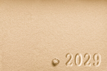 Fototapeta na wymiar Imprints of numbers 2029 new year and a shell left side on a golden sand