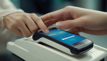 Close up shot of a woman's hand using mobile online payment method,  smartphones at checkout, ultra detailed, subtle vignette.
