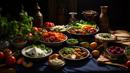 Sahur Feast at a table with healthy food. Generative ai