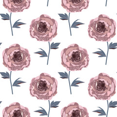 Floral wallpaper with beautiful peonies. Blooming flowers on a white background. Vector seamless pattern.