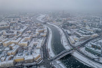 Aerial winter morning sunrise view of Cathedral Square, Vilnius old town, Christmas Tree, Lithuania