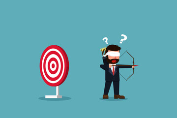 Businessman with closed eyes aiming at target incorrectly. Miss the goal of success. Wrong business goals, wrong goals, conceptualization, wrong strategies, and failure metaphor. Vector illustration