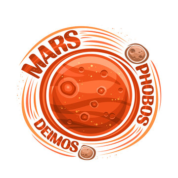 Vector logo for Mars, decorative cosmo print with planet mars with rotating satellites, planet surface with craters and mountains, unique letters for text mars, phobos and deimos on white background