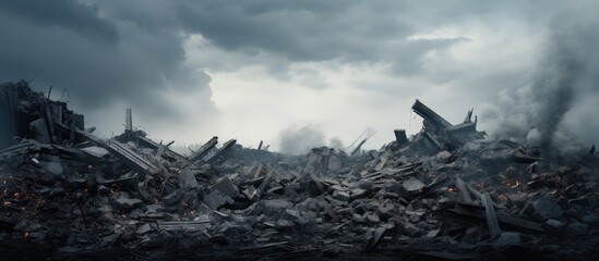 Destroyed building debris scattered against gray sky background. - obrazy, fototapety, plakaty