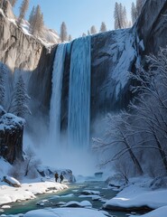a waterfall that is frozen and has snow on the ground