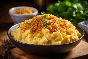 Photo of a delectable bowl of creamy macaroni and cheese with a crispy breadcrumb topping. Generative AI