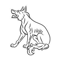 Sitting heraldic wolf dog with lying tail. Symbol, sign, icon, silhouette, tattoo. Line. Isolated vector illustration.