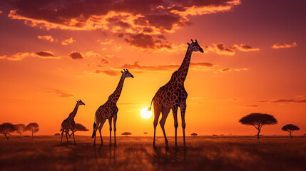 A family of giraffes silhouetted against the dusk sky. Generative ai