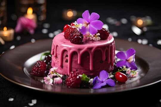 Photo of a fine dining dessert, like a raspberry sorbet with edible flowers. Generative AI