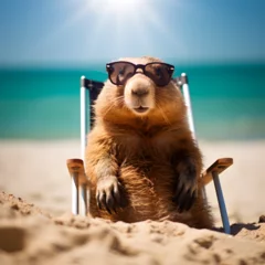 Rolgordijnen Groundhog wearing sunglasses on a beach © PixelHD