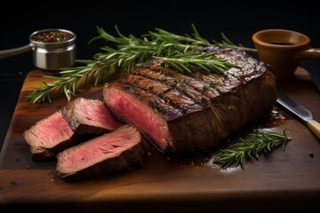 Photo of a gourmet steak dinner with a perfectly seared crust and grill marks. Generative AI