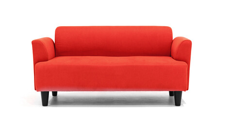 Red Scandinavian style contemporary sofa on white background with modern and minimal furniture...