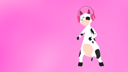 cheerful cow listening to music with headphones, pink mood, fantasy, 3D render