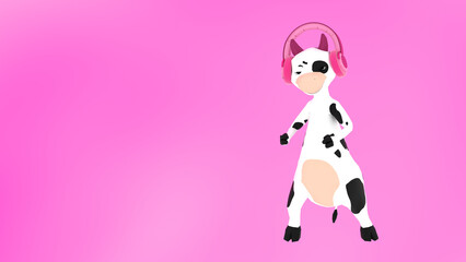 cheerful cow listening to music with headphones, pink mood, fantasy, 3D render
