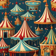 Seamless pattern amusement park or circus illustrations. Vintage fair elements and outline drawings seamless dark background
