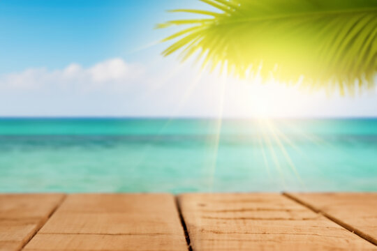 Beach with wooden teble floor