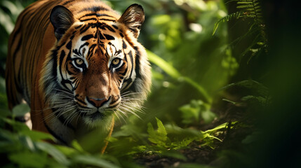 Obraz premium Prowling Tiger in Dense Jungle. Generative ai