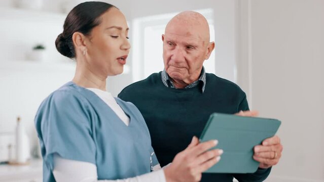 Senior man, home nurse and tablet for healthcare results, talking of insurance and planning medical care. ADN caregiver or woman with retirement help and advice for elderly patient on digital tech