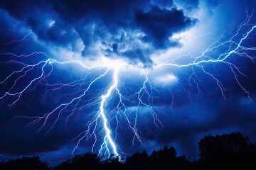 Lightning strike over dark stormy sky, nature abstract background.