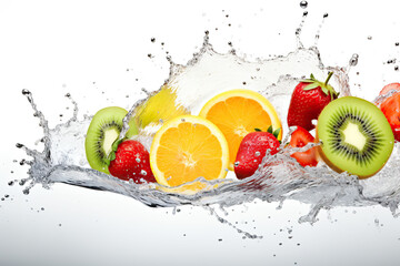 Splashing water with fruits isolated on white background.