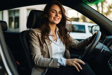 Beautiful young businesswoman driving a car.