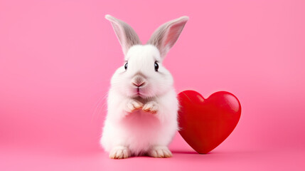 Obraz premium Cute white rabbit with red heart on pink background, Valentine's day concept.
