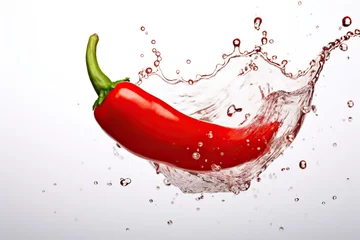 Fotobehang Red hot chilli pepper with splashing water isolated on white background. © YULIYA