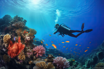 Diver swimming over a coral reef.