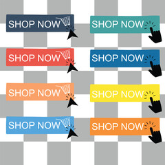 Shop now. Set of button shop now or buy now. Modern collection for web site. Vector illustration. With  transparent background.