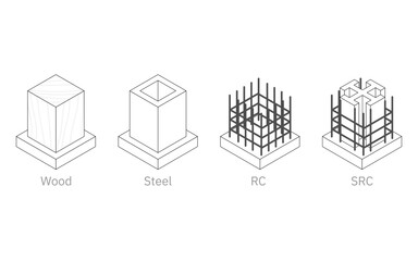 Illustrative illustrations of building structures, isometric illustrations of wood, steel, reinforced concrete, and steel-framed reinforced concrete - obrazy, fototapety, plakaty