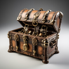 Wooden chest with hook lock open. isolated