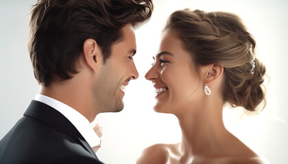 Closeup shot of a young smiling bride and groom looking into each other's eyes. Isolated over white background. 